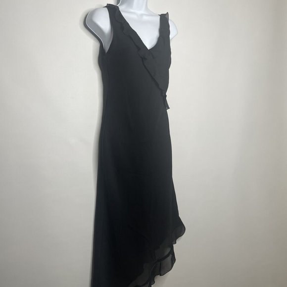 Vintage 90s City Triangles Black Ruffled Chiffon Asymmetric Sheath Dress - Picture 3 of 8